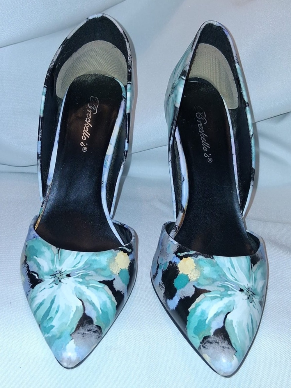 Floral Pointed Toe High Heels Teal Blue D'Orsay 4" Heels - Size: 8.5